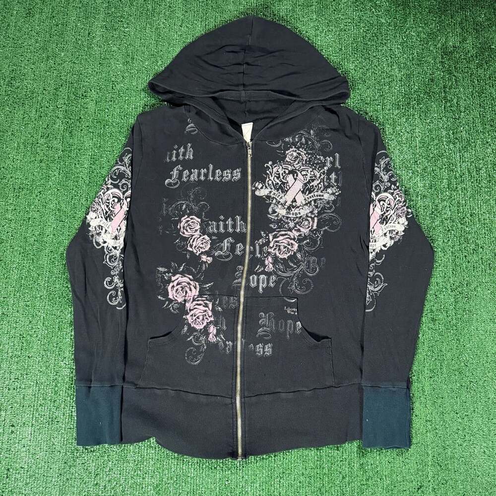 Y2K Womens Liberty Wear Bejeweled Pink Ribbon Wings Zip Up Hoodie Black AOP XL